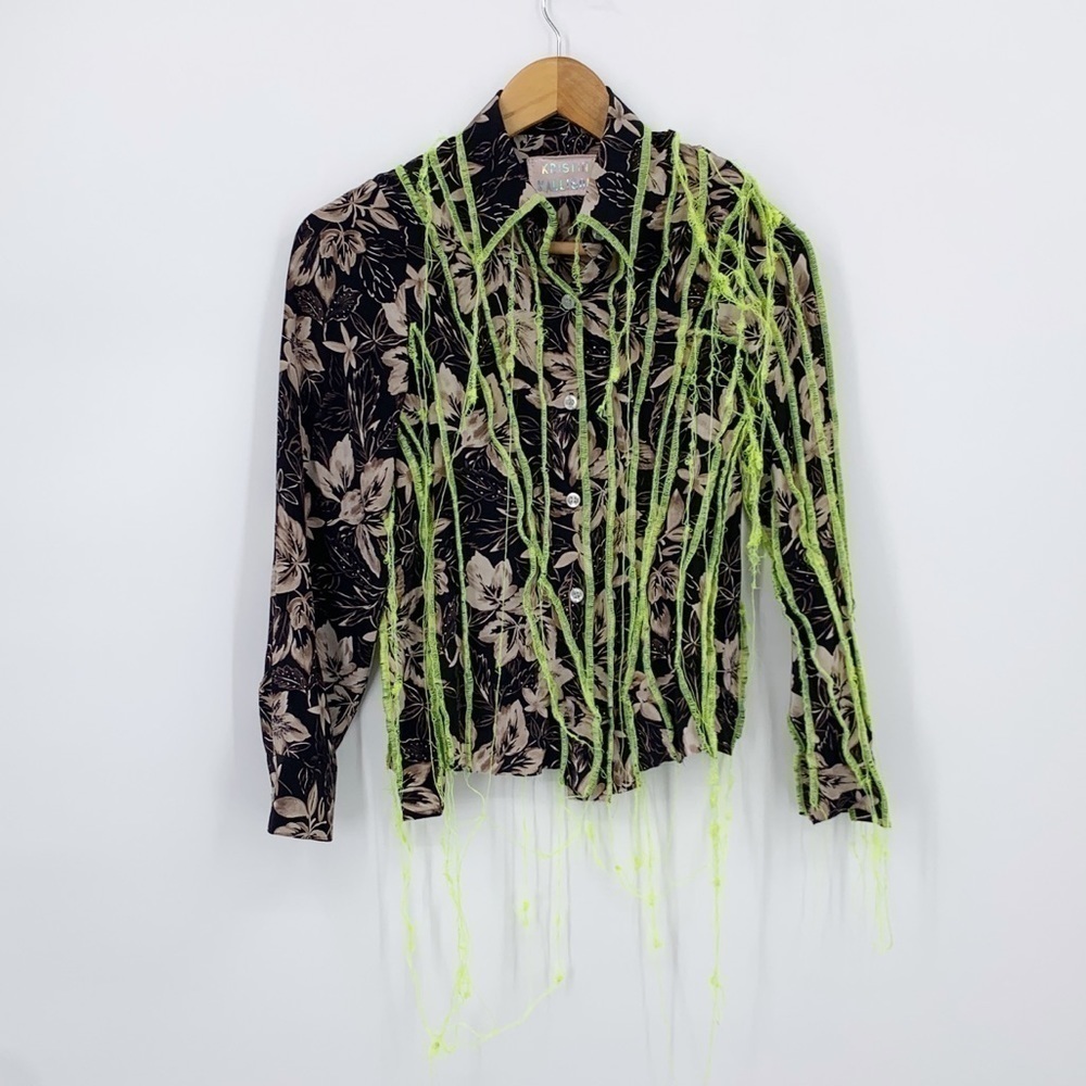 KRISTIN MALLISON REWORKED BUTTON DOWN NEON FLORAL BLOUSE TOP